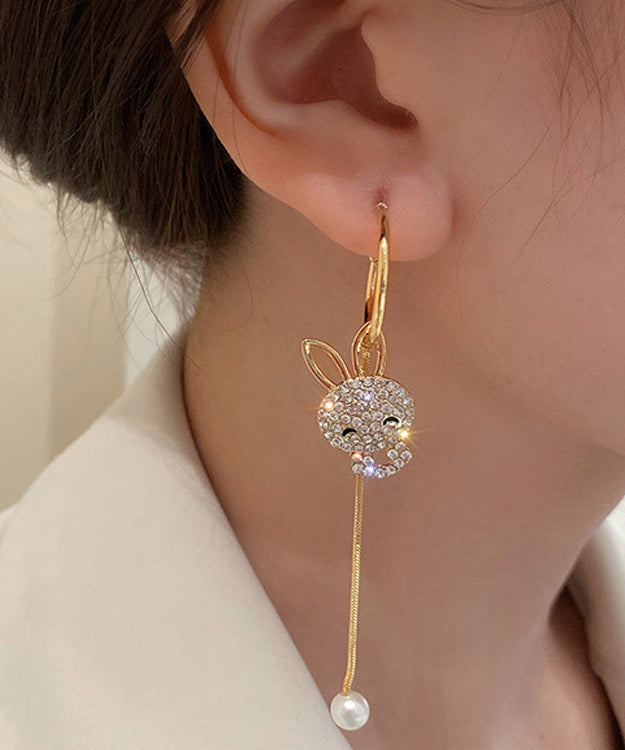 Gold Sterling Silver Overgild Zircon Asymmetry Little Rabbit Tassel Drop Earrings