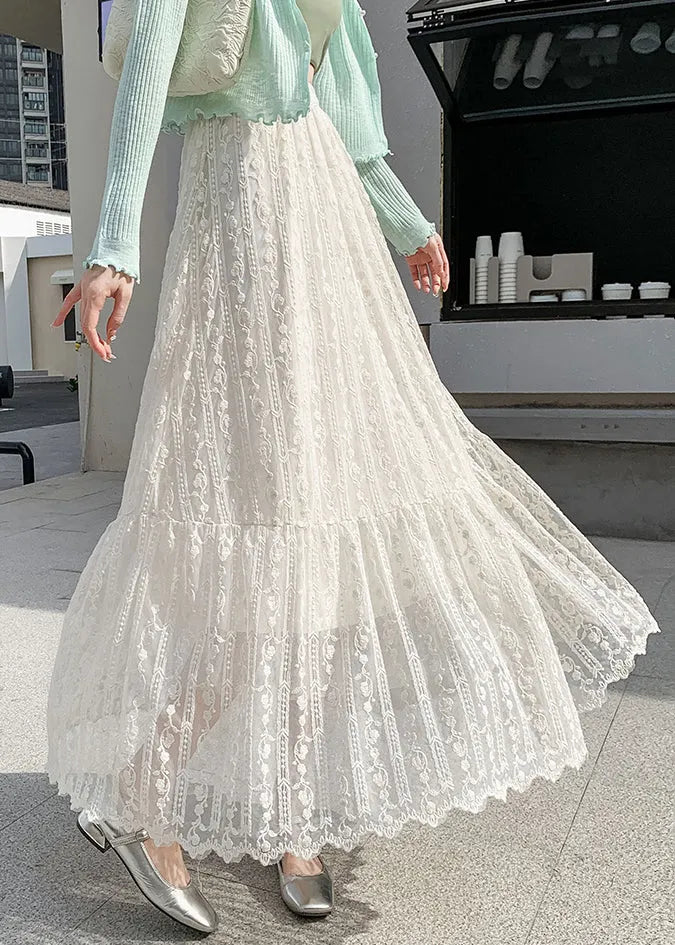 Loose Beige Elastic Waist Lace Skirts Fall