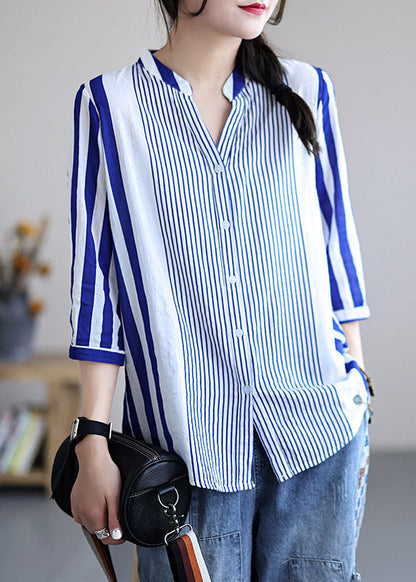 Blue V Neck Striped Cotton Blouses Bracelet Sleeve