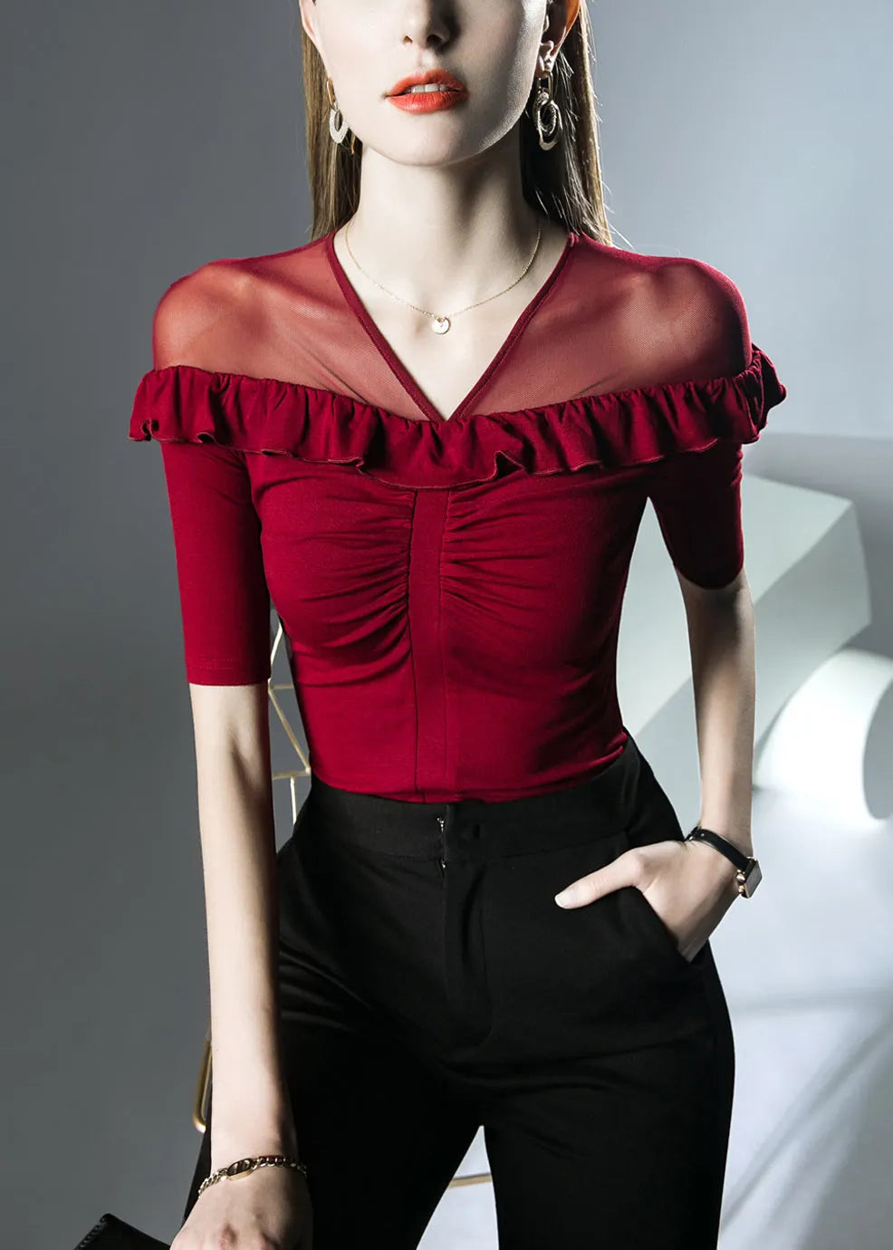 Red Patchwork Cotton T Shirts V Neck Summer
