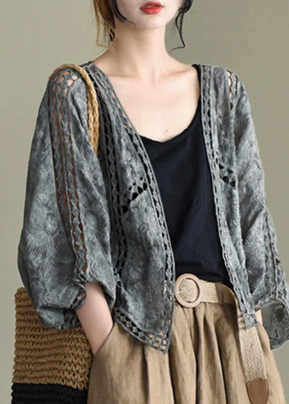 Grey Black Hollow Out Embroideried Cardigans Batwing Sleeve