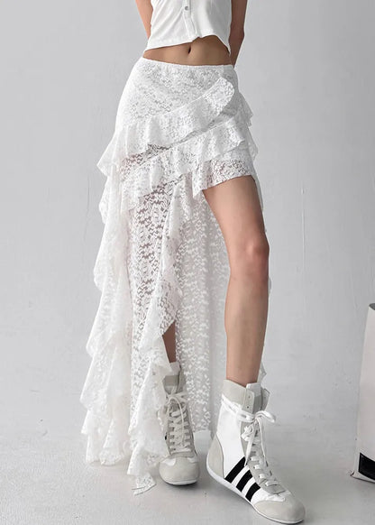 White Ruffled Lace Summer Skirt Asymmetrical
