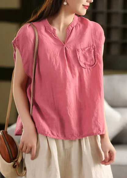 Rose V Neck Pocket Linen Tops Summer