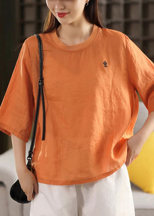 Orange O Neck Linen T Shirts Half Sleeve