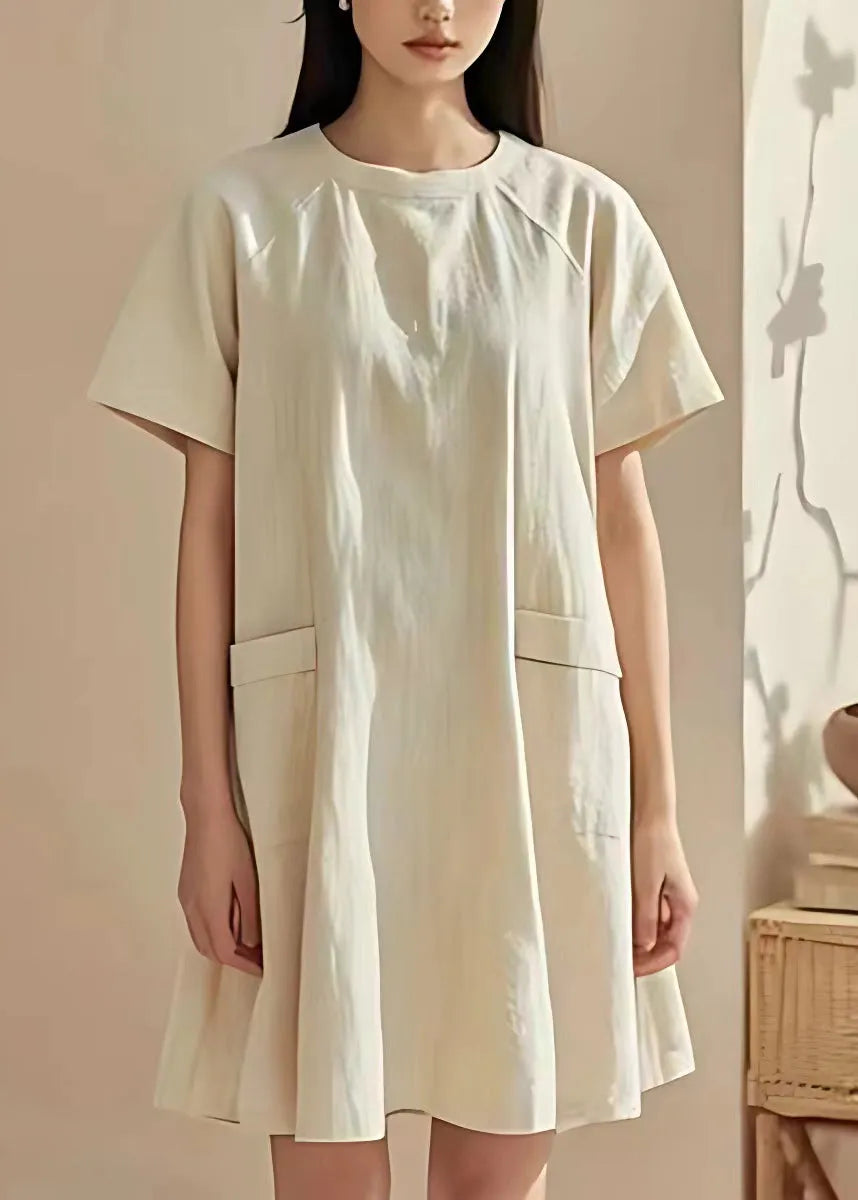 Beige O Neck Pockets Cotton Mid Dresses Summer