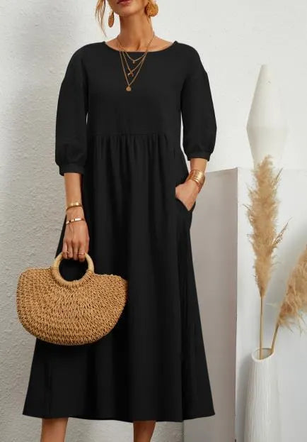 Spring Outfit Lantern Sleeve Loose Cotton and Linen Pocket Dress