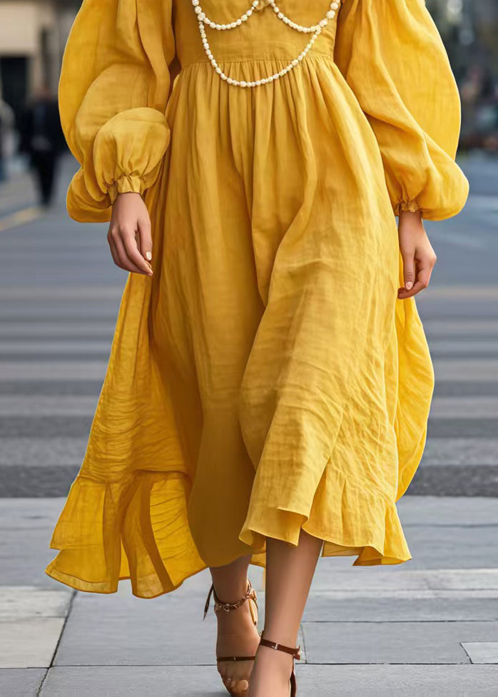 Yellow V Neck Nail Bead Cotton Long Dress Lantern Sleeve