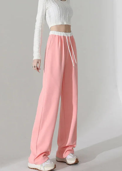 Pink Pockets Elastic Waist Cotton Straight Pants Spring
