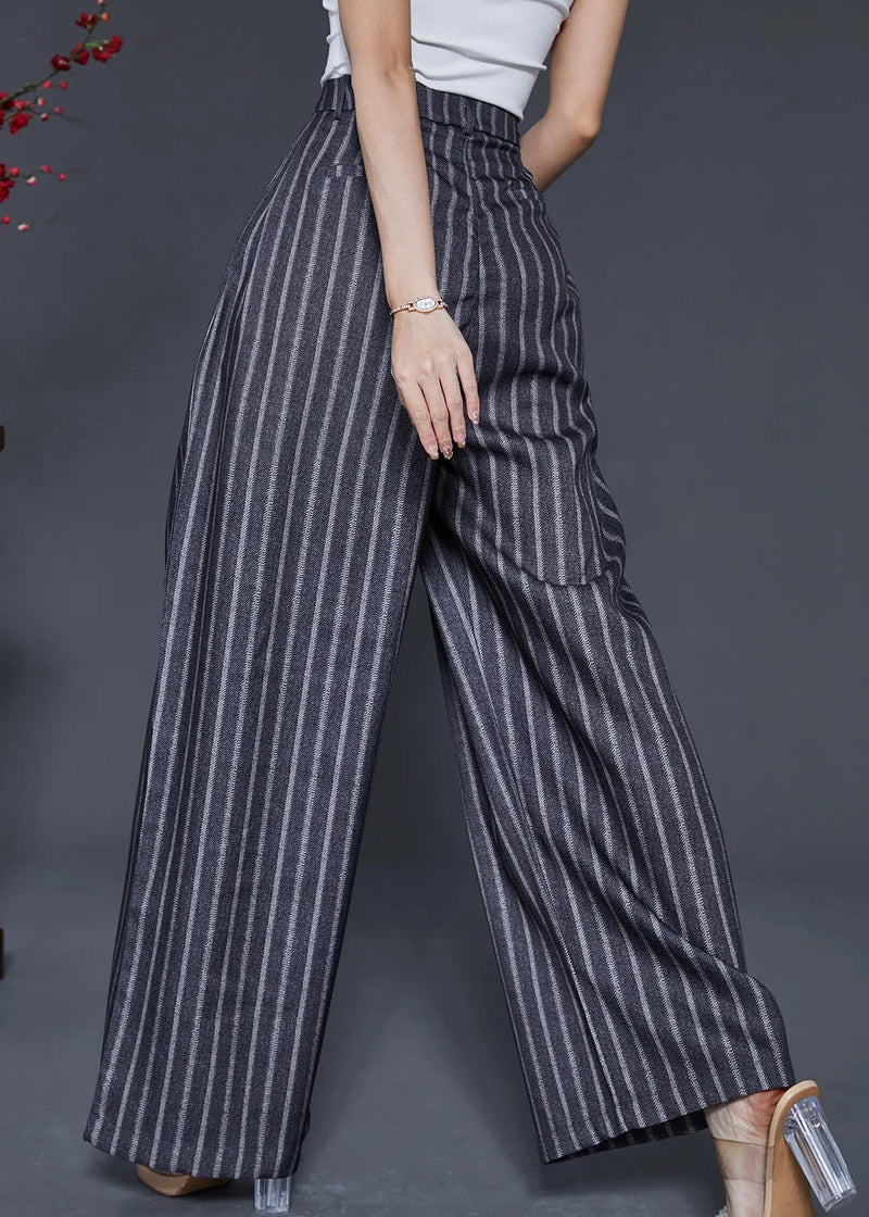 French Grey Oversized Striped Linen Straight Pants Spring