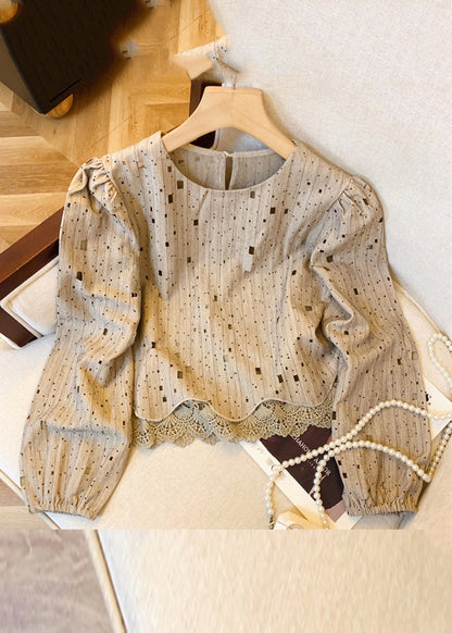 Khaki Patchwork Hole Hollow Out Shirts Fall