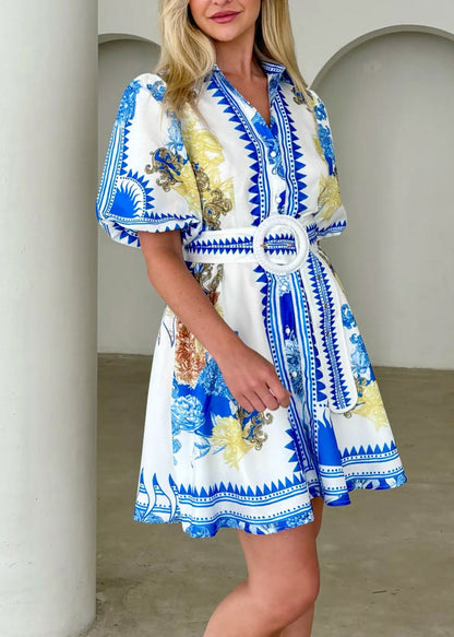 Organic Blue Peter Pan Collar Print Chiffon Vacation Dresses Summer