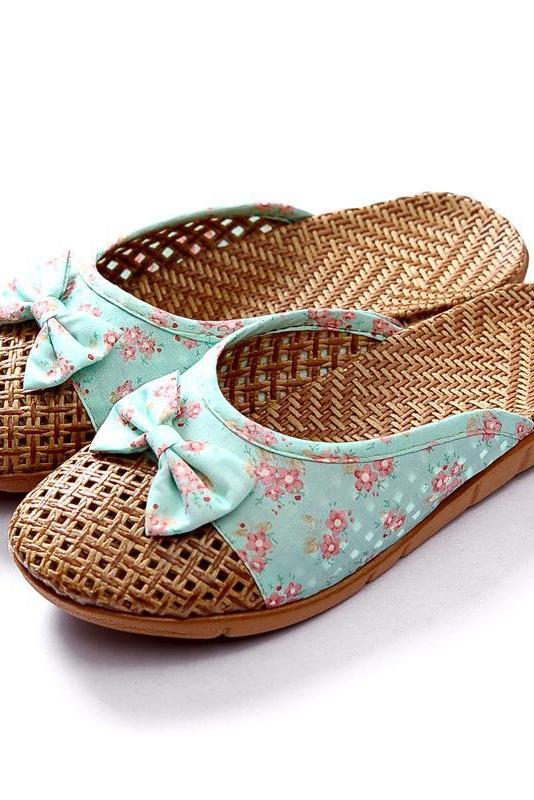 Bowknot Splicing Linen Slippers