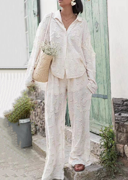 Jacquard White Button Cotton Shirts and Pants Sets 2 Pieces Long Sleeve