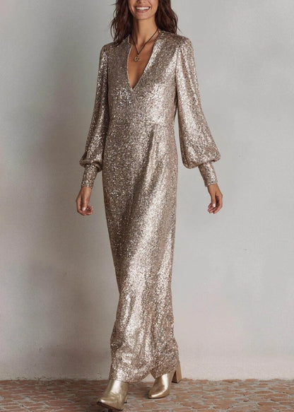 Stylish Champagne Color V Neck Side Open Party Dress Spring