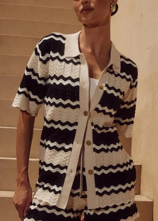 New Striped Cut Out Button Patchwork Knit Swimsuit Cover Up Set