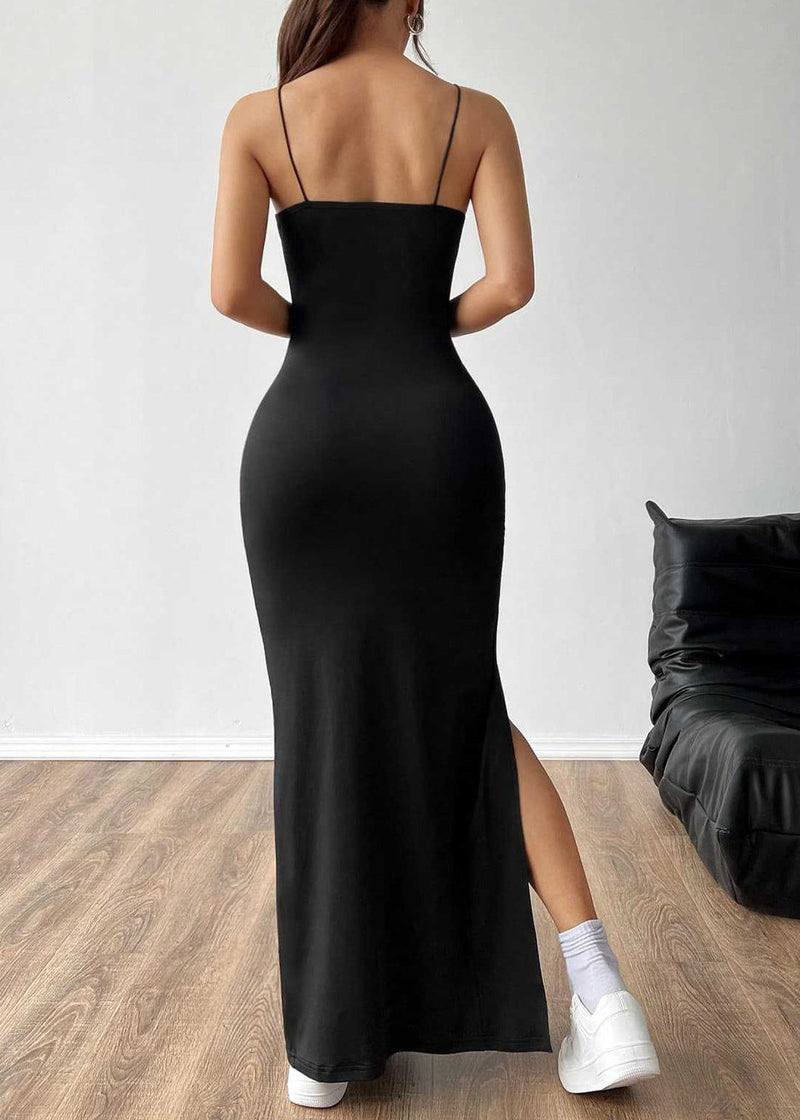 Style Black Side Open Cotton Spaghetti Strap Dress Summer
