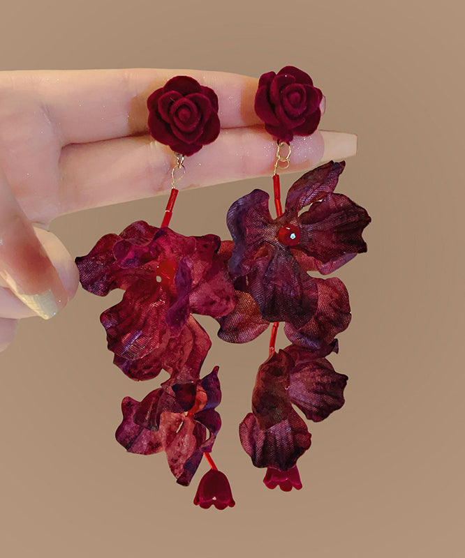 Mulberry Fabric Resin Rose Tassel Drop Earrings