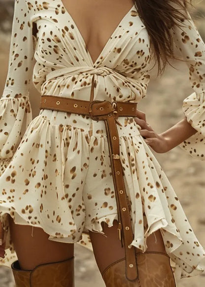 Beige V Neck Print Wrinkled Cotton Mini Dress Spring
