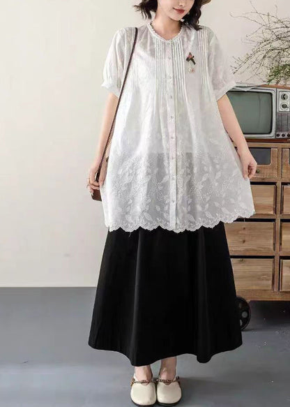White Embroidered Cotton Long Blouses Summer