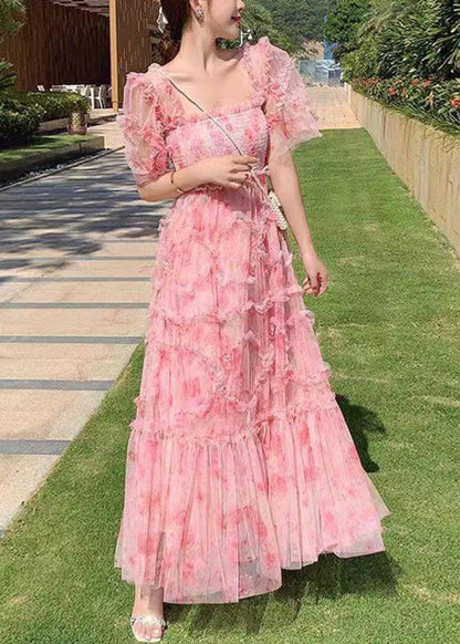 Blue Square Collar Ruffled Print Tulle Long Dress Summer