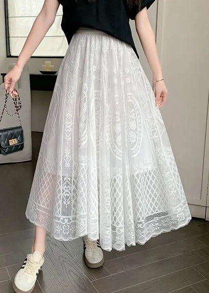 White Hollow Out High Waist Lace Skirt