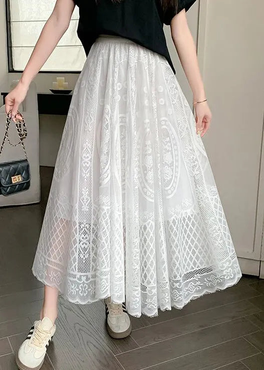 White Hollow Out High Waist Lace Skirt