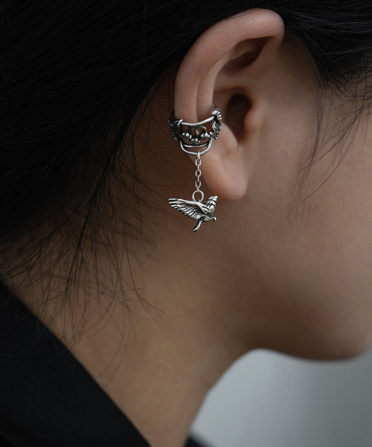 Silk Sterling Silver Leaf Flying Bird Tassel Drop Earrings