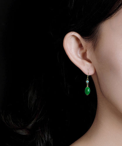 Green Sterling Silver Overgild Inlaid Jade Drop Earrings