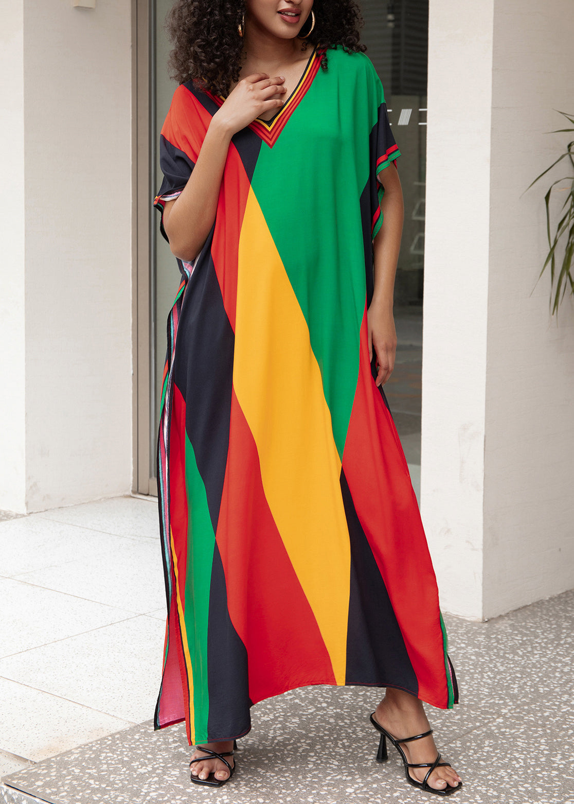 V Neck Geometric Print Side Open Cotton Dress Summer