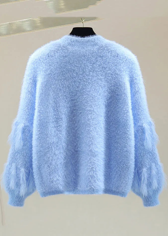 Handmade Blue Nail Bead Patchwork Tassel Cotton Knit Sweaters Winter