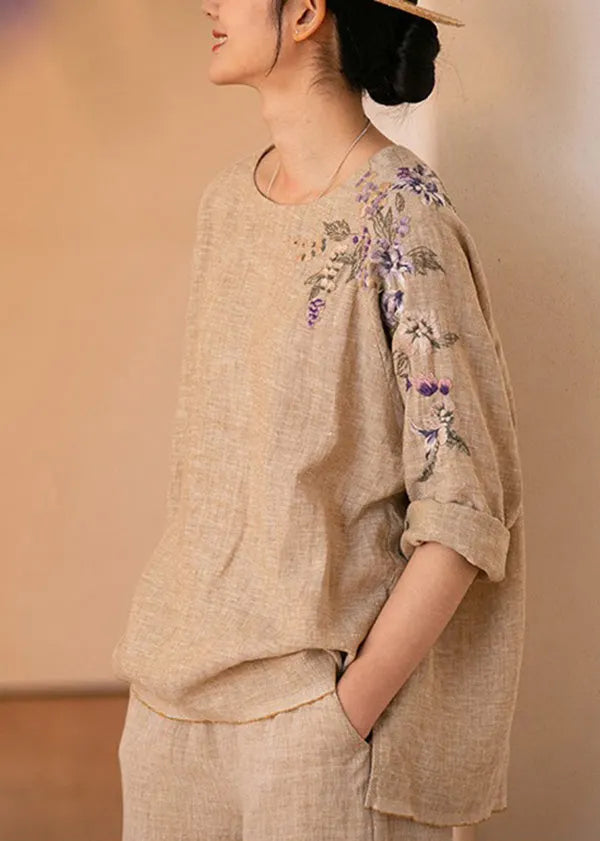 O-neck Embroidered Linen Shirt Top Long Sleeve
