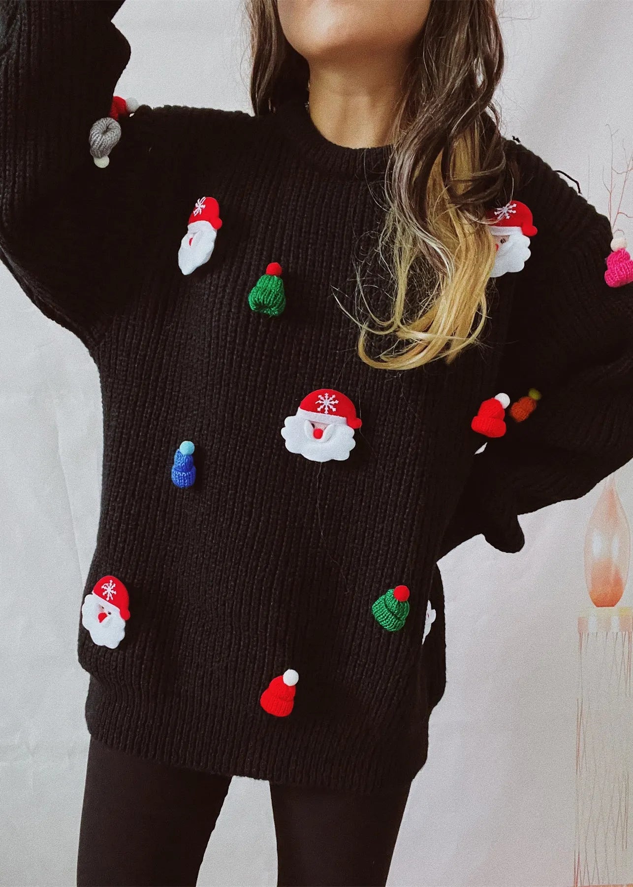 Black Thick Christmas Decorated Knit Sweater Winter