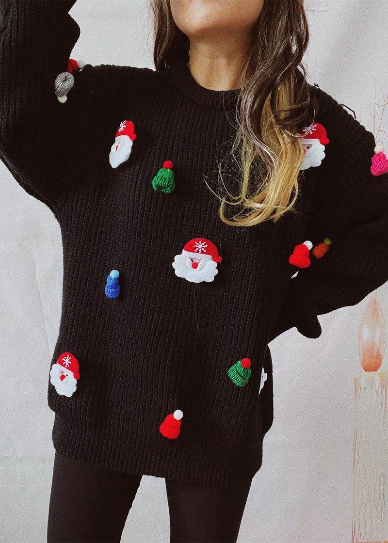 Black Thick Christmas Decorated Knit Sweater Winter