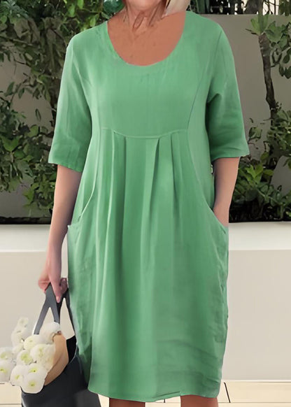 Blue O Neck Pockets Patchwork Cotton Dresses Summer