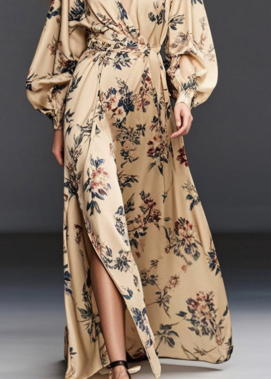 Khaki Print Side Open Chiffon Long Dress Fall