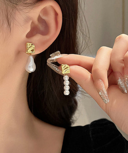 Gold Copper Alloy Asymmetric Pearl Drop Earrings
