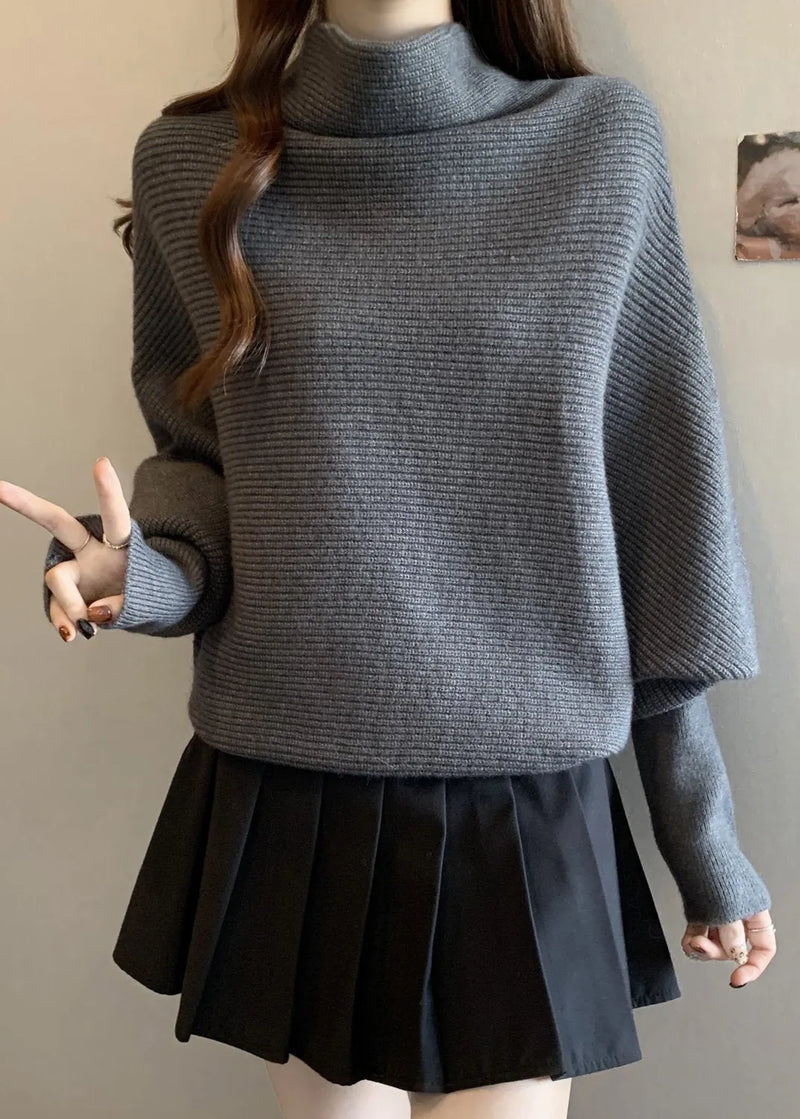 Grey Cozy Thick Knit Pullover Turtleneck Batwing Sleeve