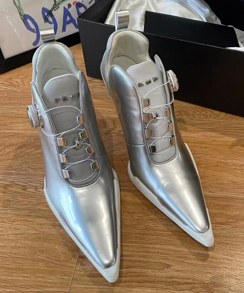 Style Silver Splicing High Heel Boots Pointed Toe