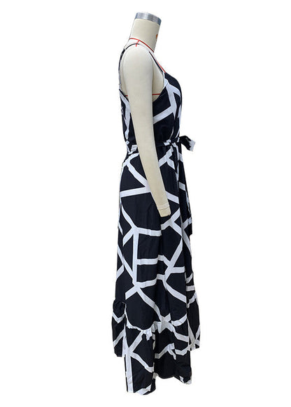 Stylish Black Print Lace Up Side Open Cotton Long Dresses Summer