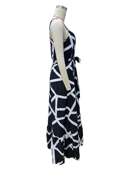 Stylish Black Print Lace Up Side Open Cotton Long Dresses Summer