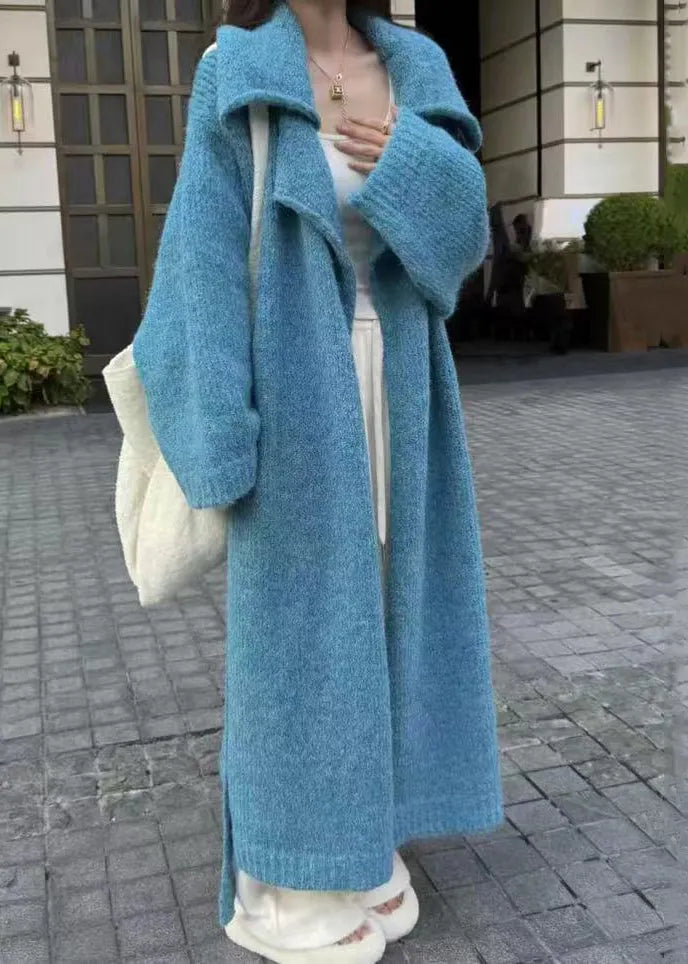 Elegantblue Peter Pan Collar Tie Waist Knit Long Coat Fall