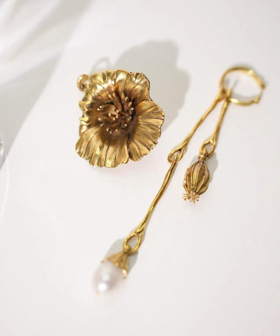 Retro Gold Copper Overgild Asymmetrical Pearl Tassel Drop Earrings