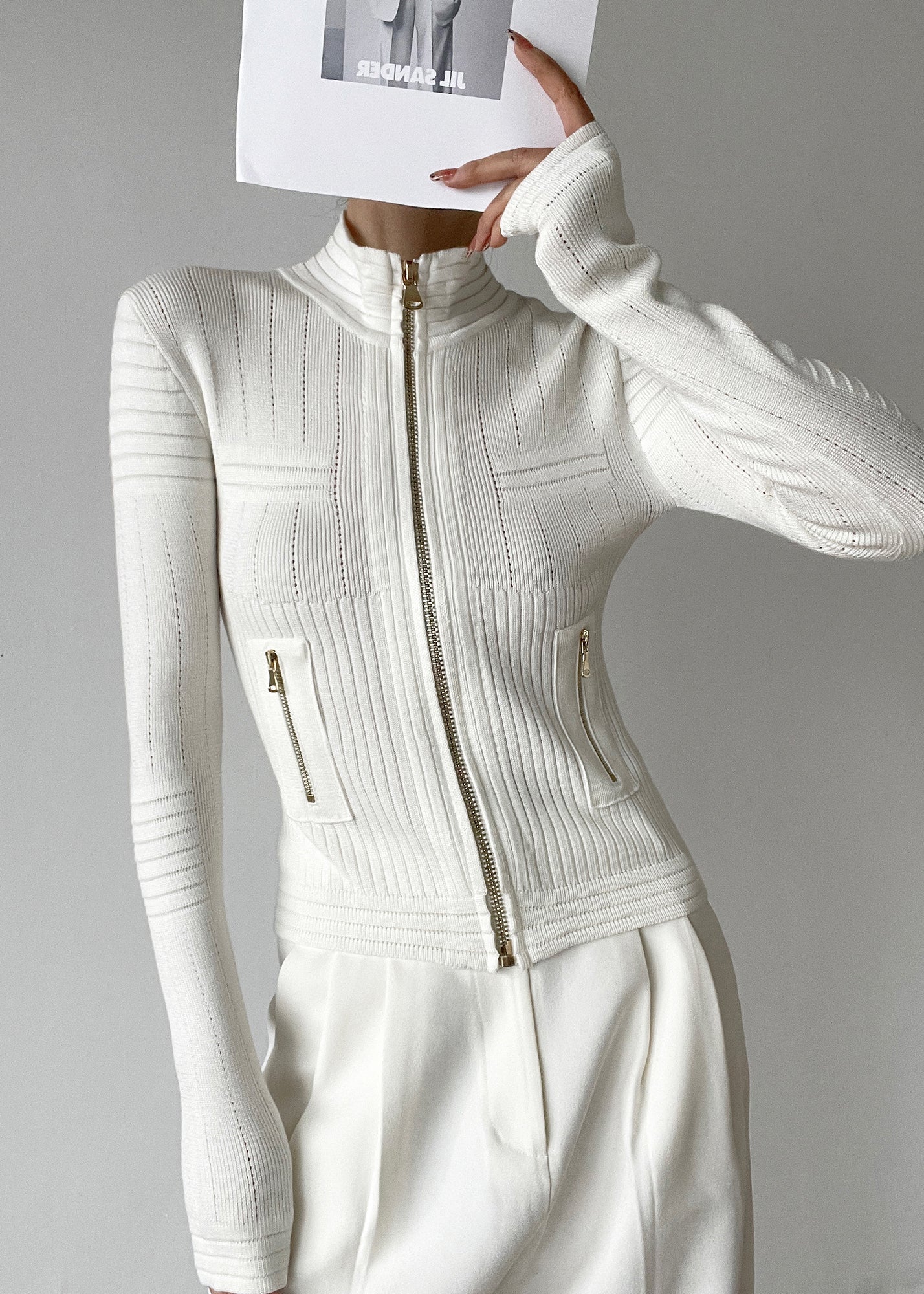 White Stand Collar Zip Up Patchwork Woolen Knit Cardigans Winter