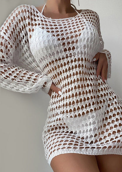 White O-neck Hollow Out Knit Top Long Sleeve