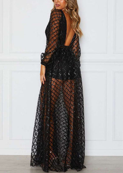 Gold V-neck Check Sequin Dress Long Sleeve