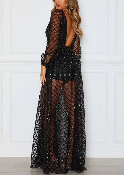 Gold V-neck Check Sequin Dress Long Sleeve