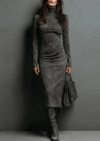 Khaki Hign Neck Slim Fit Faux Suede Dresses Spring