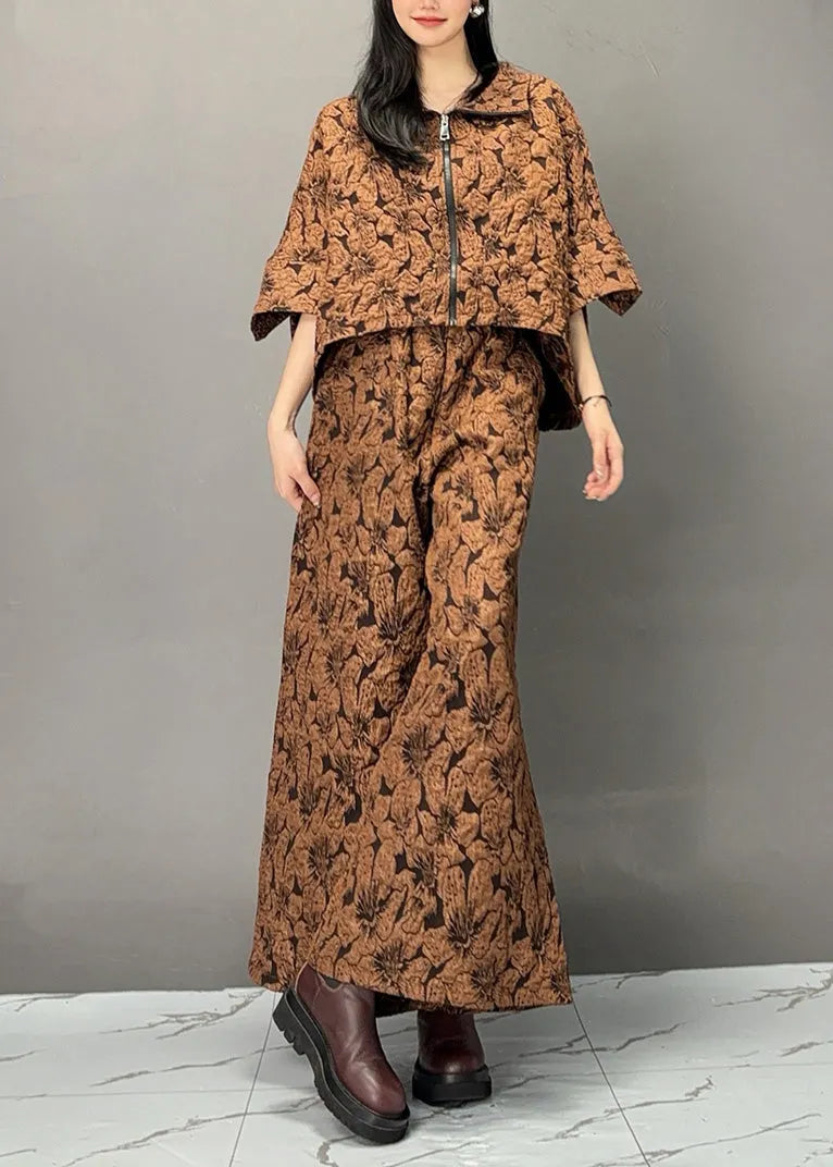 Chocolate Print Zippered Top and Wide Leg Pants Two Piece Set Fall