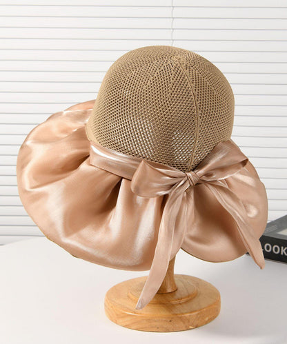 New Dark Khaki Knit Patchwork Satin Bow Bucket Hat