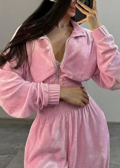 Loose Pink Zip Up Elastic Waist Coat and Pants Silk Velvet Two-piece Set Spring